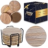 Marbco Sandstone Water Absorbent Hand Crafted Round Coasters for Drinks - 4 Inches Wide Thirsty Stone Bar/Drink Coasters- Made from Rainbow Sandstone (Set of 6 with Holder)