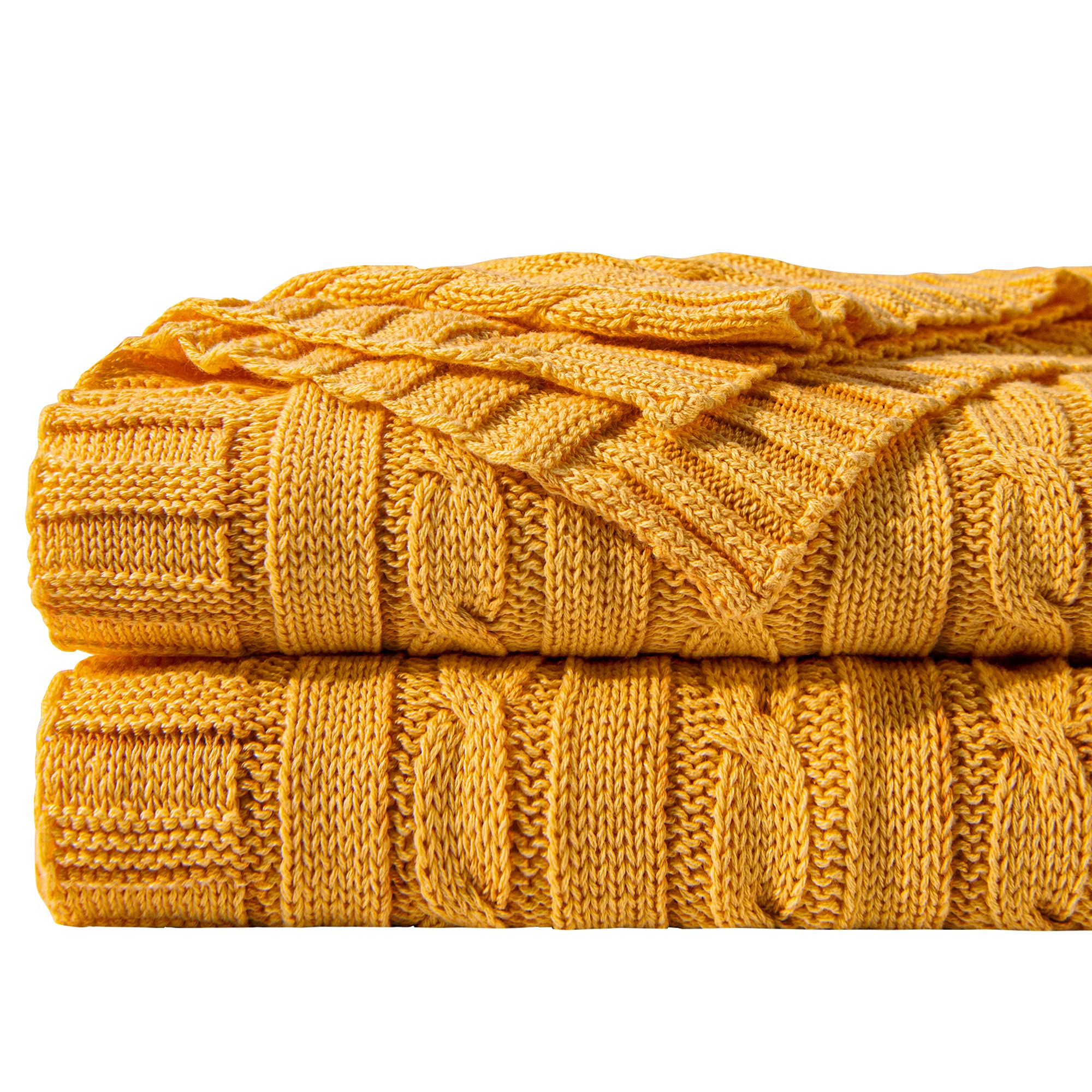 NTBAY 100% Pure Cotton Cable Knit Throw Blanket, Super Soft Warm Knitted Throw Blanket for Couch, Sofa, Chair, Bed - Extra Cozy, Machine Washable, Comfortable Home Decor, Ginger Yellow, 130x170 cm