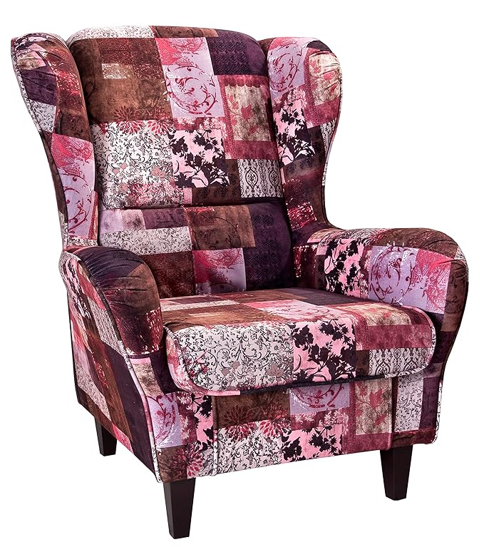 Supellex Ohrensessel/Fernsehsessel Sofia mit Hocker, Dessin: Patchwork, floral, rot