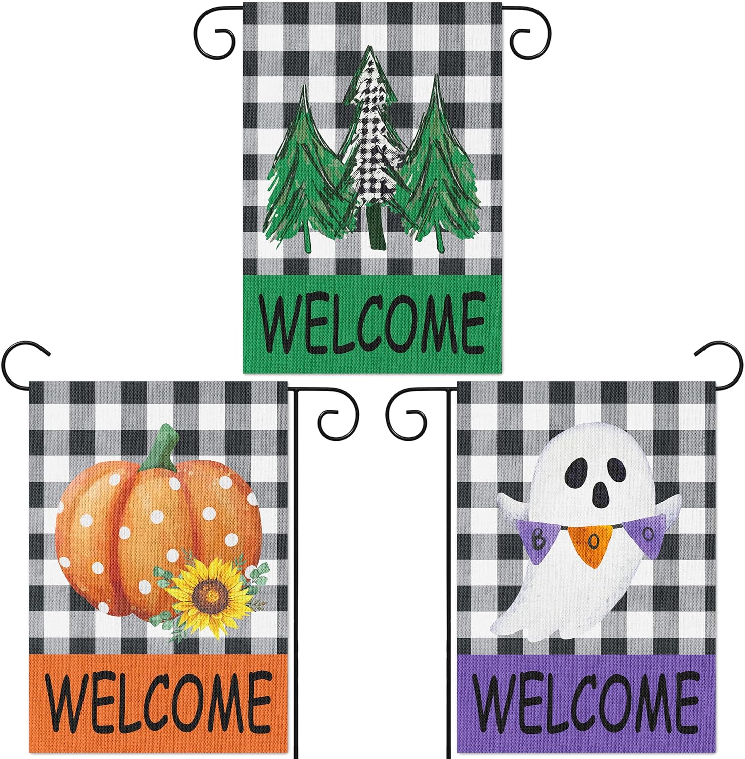Flags - 3Pcs Holiday Garden Flags Halloween Ghost Welcome Flag Thanksgiving Day Pumpkin Banners Burlap Yard Signs Christmas Vertical Double Sided House Flags Seasonal Festive Decors for Outdoor Lawn, 12 x 18 in