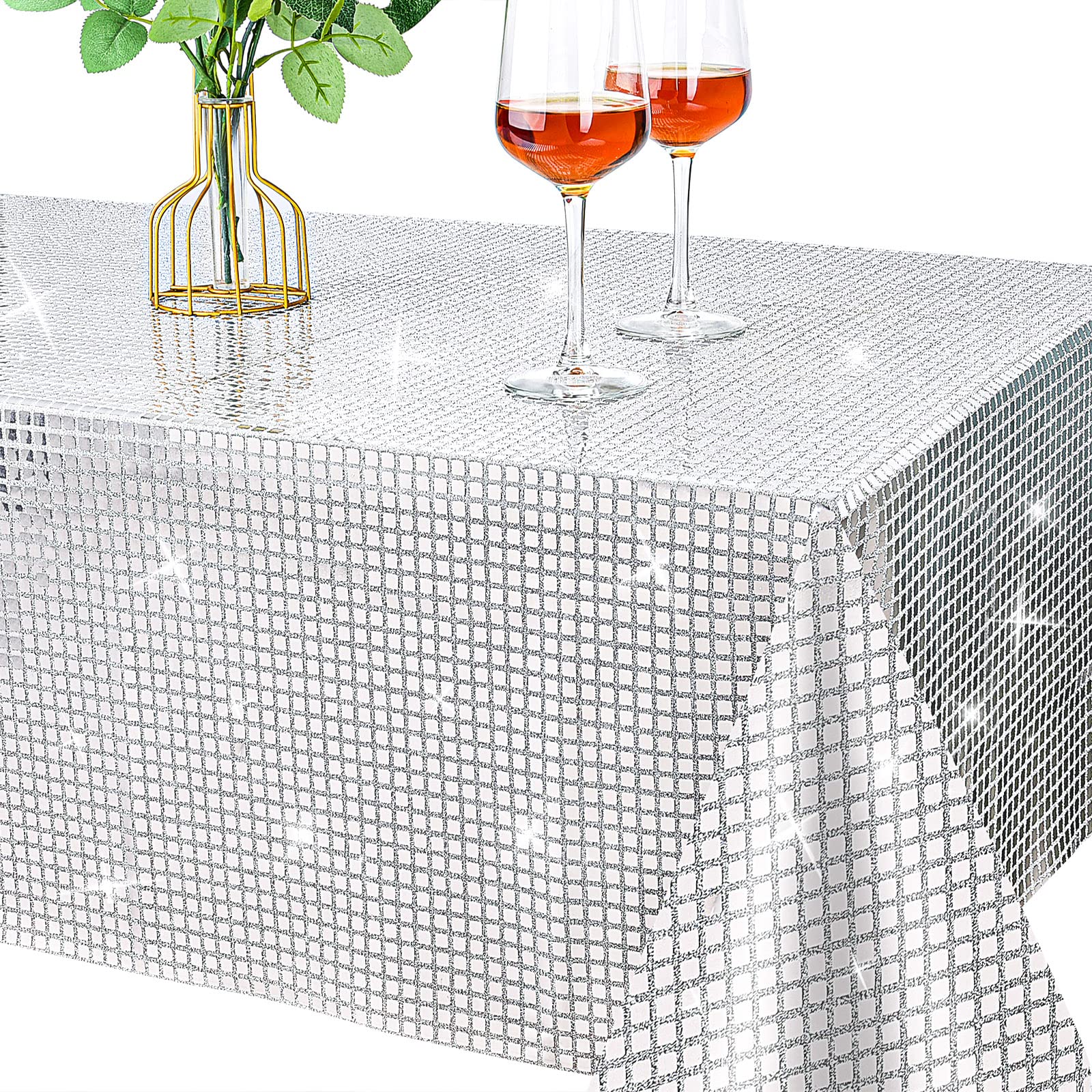 Photo 1 of Datyiiha 54 x 108 Inches Disco Party Tablecloth Mirror Silver Foil Table Cloth Glitter Metallic Table Cover Sparkle Table Runner for 70s 80s Disco Dance Party Wedding Home Table Decorations