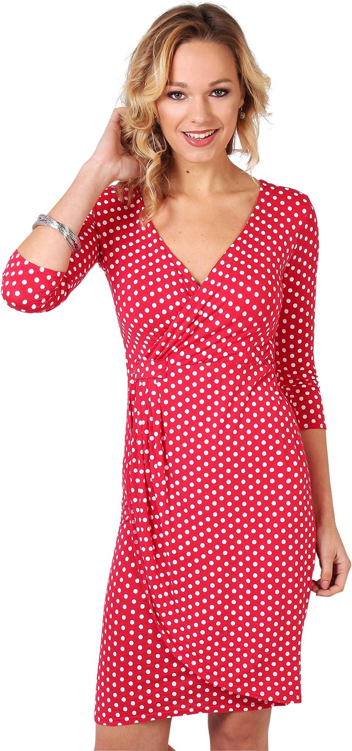 KRISPWomen Polka Dot Wrap Long Sleeve Midi Dress V-Neck Spots Stretch Jersey Party Casual Going Out