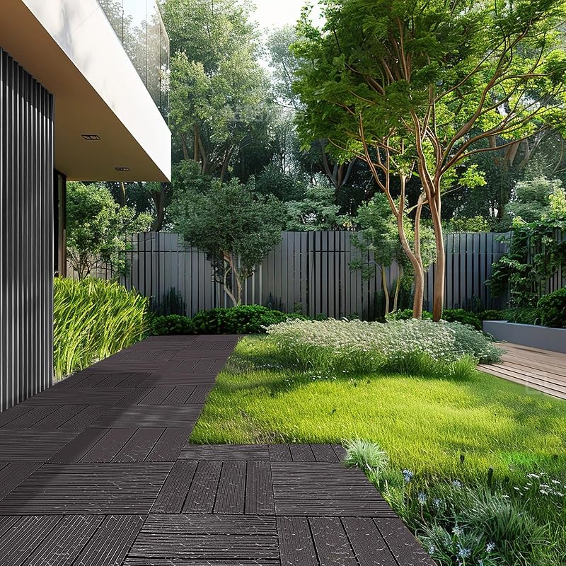 Piastrelle per Patio ad Incastro 36 Pezzi 300 x 300 x 20 mm, Piastrelle Impermeabile in Plastica, Piastrelle per Tutte Le Condizioni Atmosferiche, per Portico Piscina Cortile, Marrone Scuro