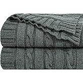 NTBAY 100% Pure Cotton Cable Knit Throw Blanket, Super Soft Warm 51x67 Knitted Throw Blanket for Couch, Sofa, Chair, Bed - Extra Cozy, Machine Washable, Comfortable Home Decor, Grey and White