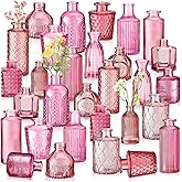 Yaomiao 30 Pcs Vases Bulk Colored Flower Glass Bud Vases Valentine Vintage Colored Glass Bottles Colorful Rustic Embossed for Home Wedding Table Decorations Gifts(Pink Series)