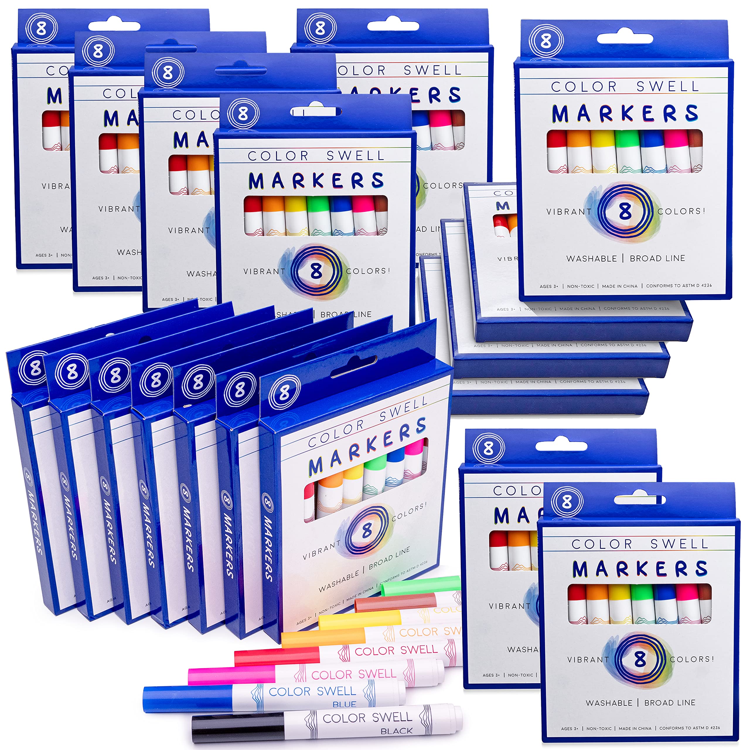 Photo 1 of Color Swell Washable Bulk Markers - 18 Boxes of 8 Vibrant Colors (144 Total) Perfect for Kids, Parties, Classrooms - Broad Line Markers
