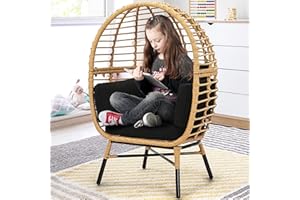 Murago Rattan Egg Chair for Children, Indoor Outdoor Wicker Kids Egg Chair, Patio, Bedroom, Living Room, Overstuffed Cushions, Natural Rattan with Black Cushion
