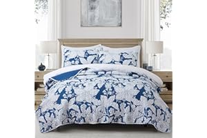 BONLINO Floral Bedding Quilt Set Bedspread - Blue Floral Quilt Lightweight Reversible Dyed Oversized Bed Spread Coverlet with 2 Pillowsham for Home All Season Tropical Luxury Royal (Oversized King)