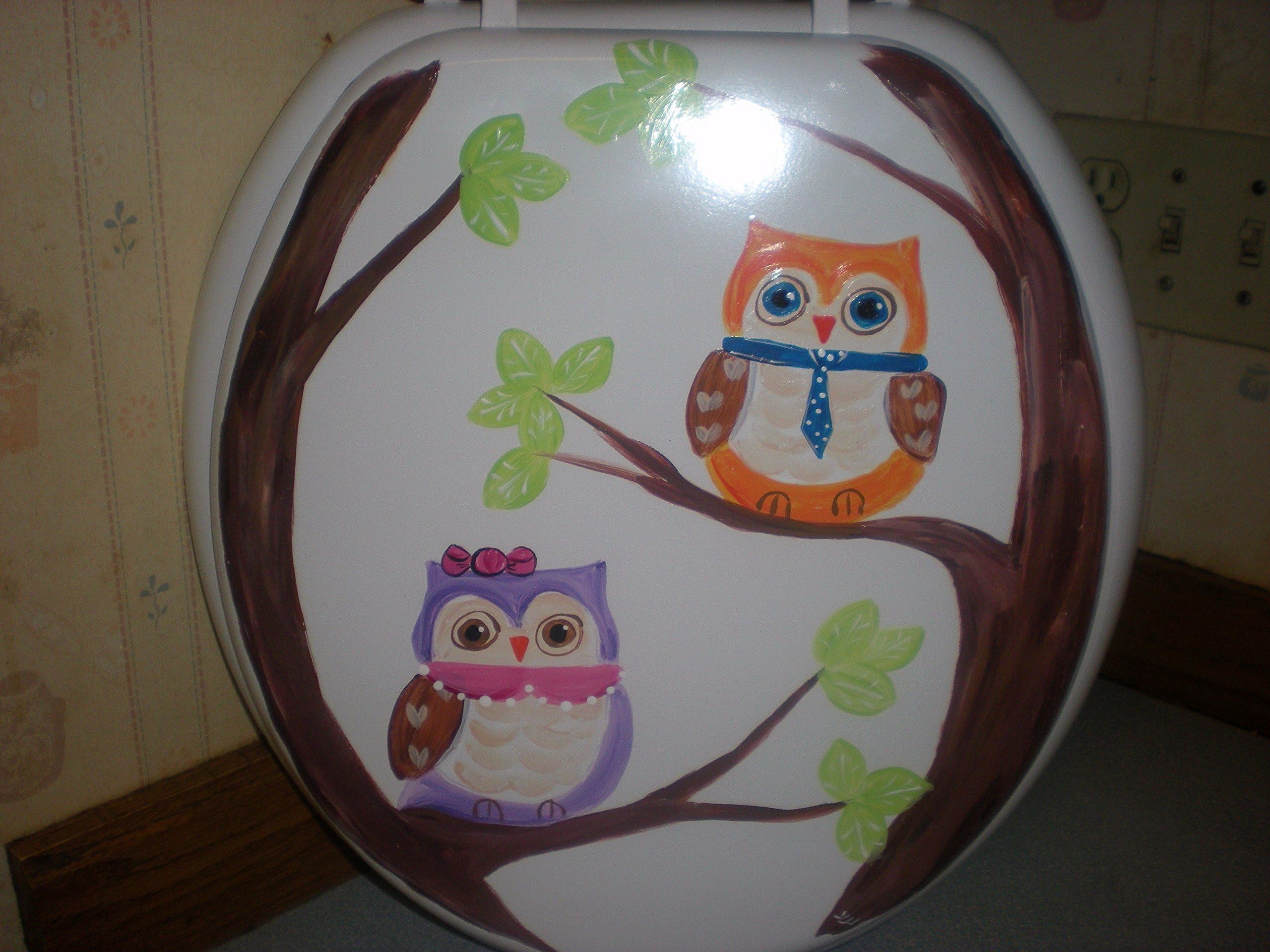 Hand painted owls in a tree standard white toilet seat.