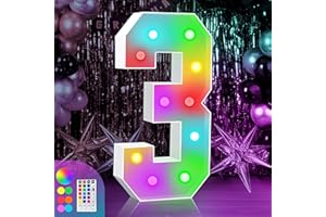 ZEELY 4FT Marquee Light Up Numbers Sign, Colorful Happy Birthday Light Up Number 3, 18 Color Modes with Remote, Cardboard Numbers for Birthday Anniversary Party Decorations, Mosaic Numbers for Balloons
