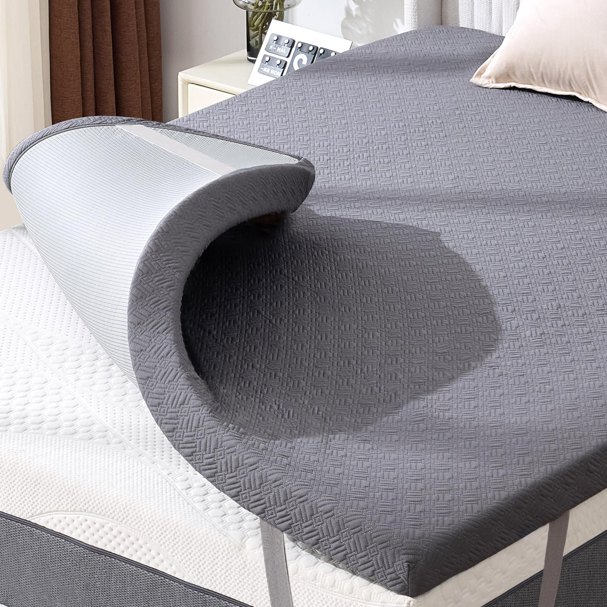 Photo 1 of BDEUS 2 Inch Memory Foam Mattress Topper Twin XL Size for College Dorm Room, Soft Mattress Pad for Back Pain Relief, Bed Topper with Dark Grey Cover, CertiPUR-US Certified