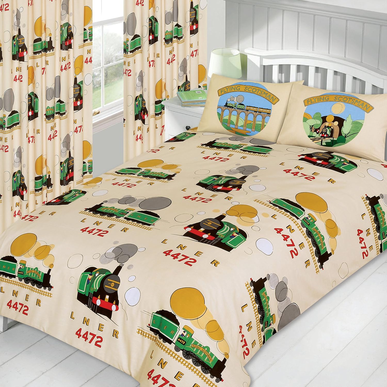 LITTLE FLYING SCOTSMAN DOUBLE BED DUVET COVER SET CREAM GREEN TRAIN