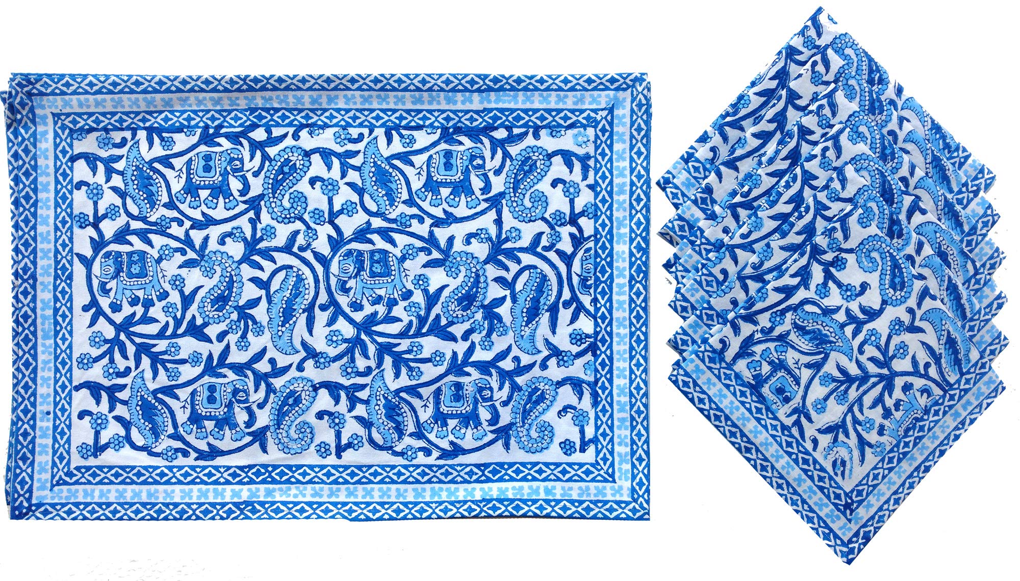 Rastogi Handicrafts Hand Block 100% Cotton Indian Style Theme Set of 6 Dining Table Mats and Napkins Place-mats Runners (BLUE 2)