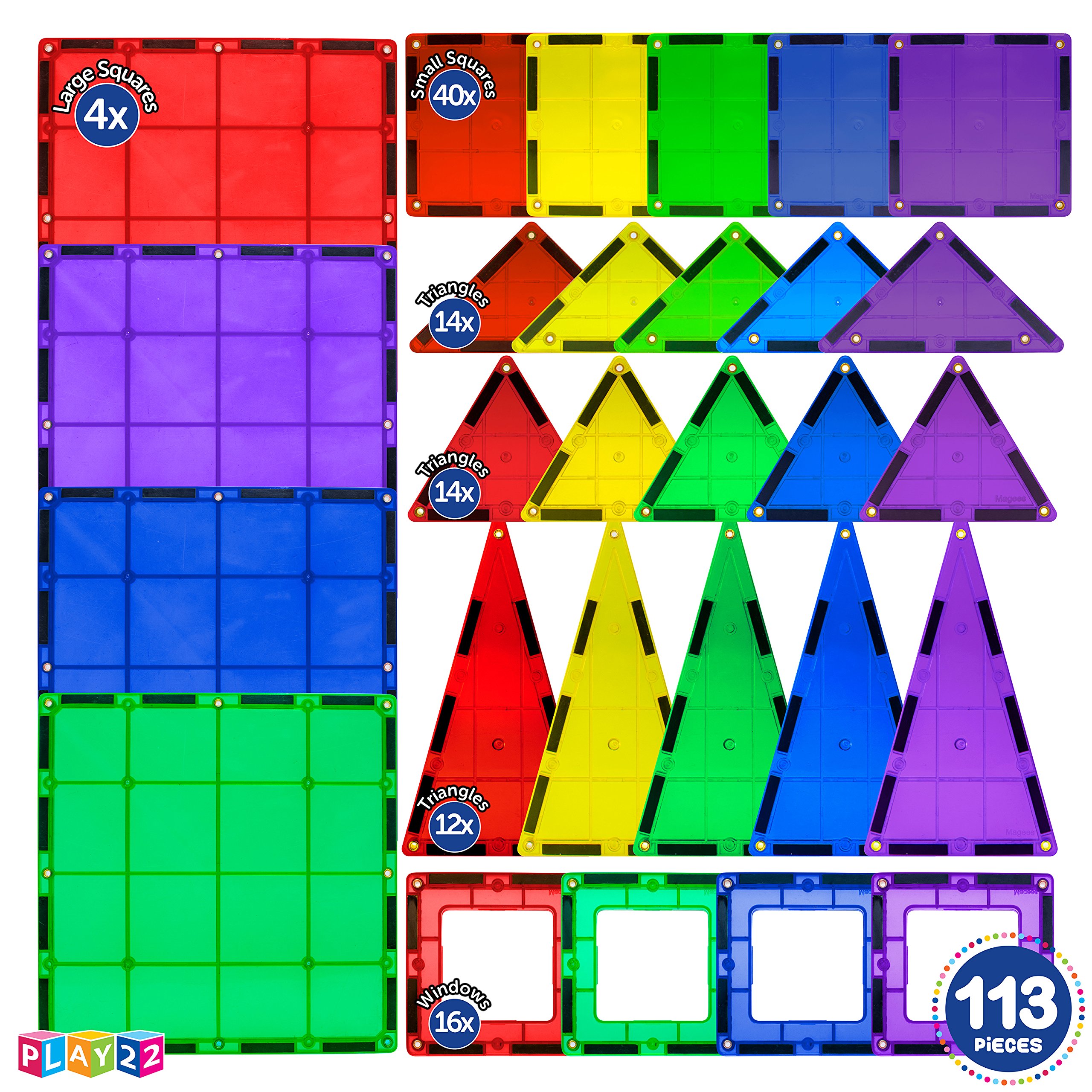 Magnetic Tiles Building Blocks - 113pcs Advanced Set - STEM Toys for 3+ Year Old Boys and Girls -Strongest Magnets - Includes 13 Piece Insert Alphabet Cards - Learning by Playing