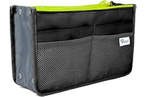 Periea Chelsy Purse Organizer Insert with Handles & 13 Pockets - 3 Sizes (Black with Neon Yellow Zip, Small)