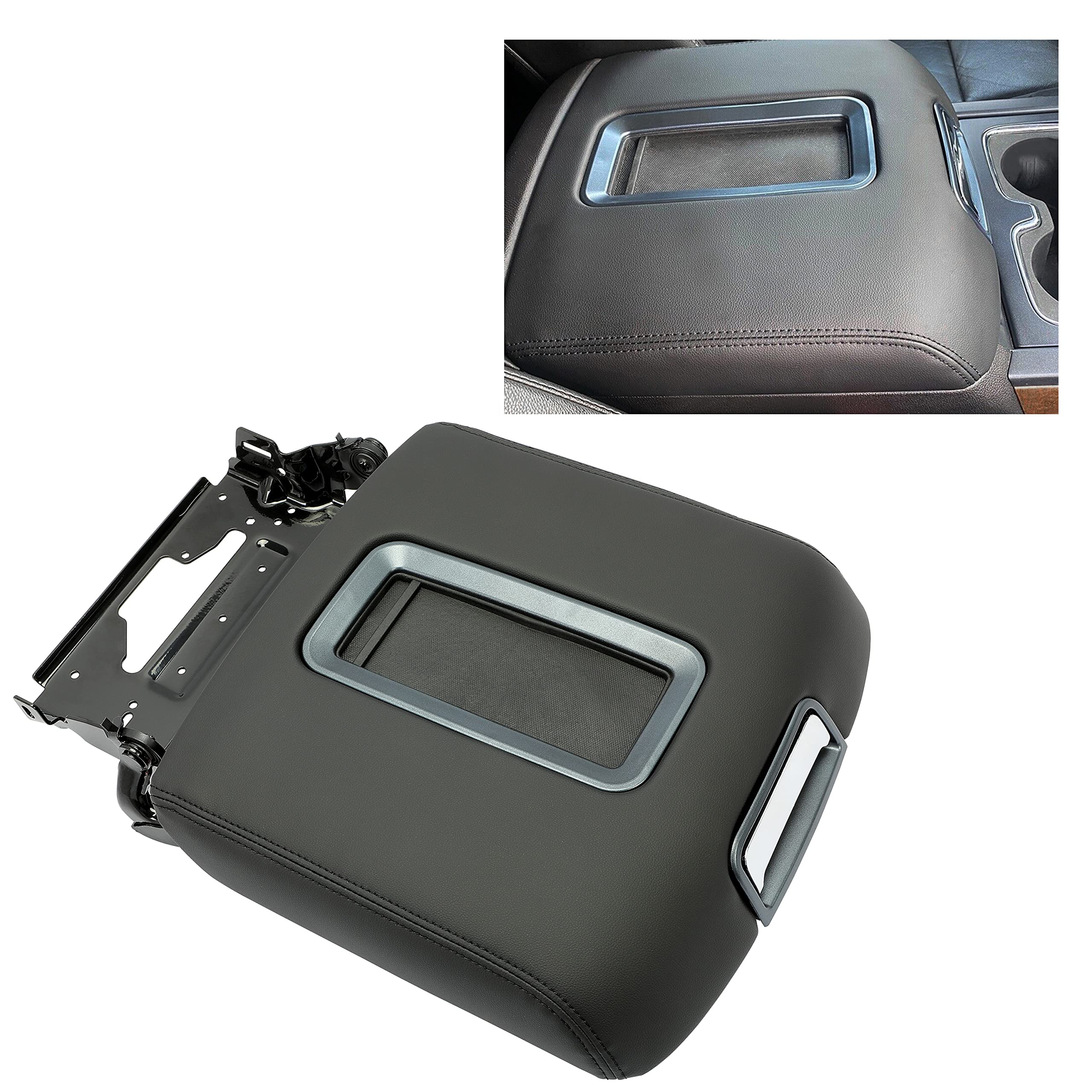 Photo 1 of ECOTRIC Center Console Armrest Lid Compatible with 2014-2018 Chevrolet Silverado/GMC Sierra, 2015-2020 Tahoe Yukon Suburban Replace for 0227083AA L0227083AA w/Steel Bracket Black Artificial Leather