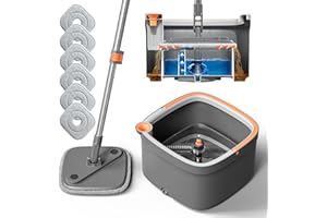 KZKR Spin Mop and Bucket Set with 6 Replaceable Microfiber Mop Pads with Self Separation Dirty and Clean Water System, Self Wringing 360° Rotating Square Mop Head for Hardwood Tile Marble Floors