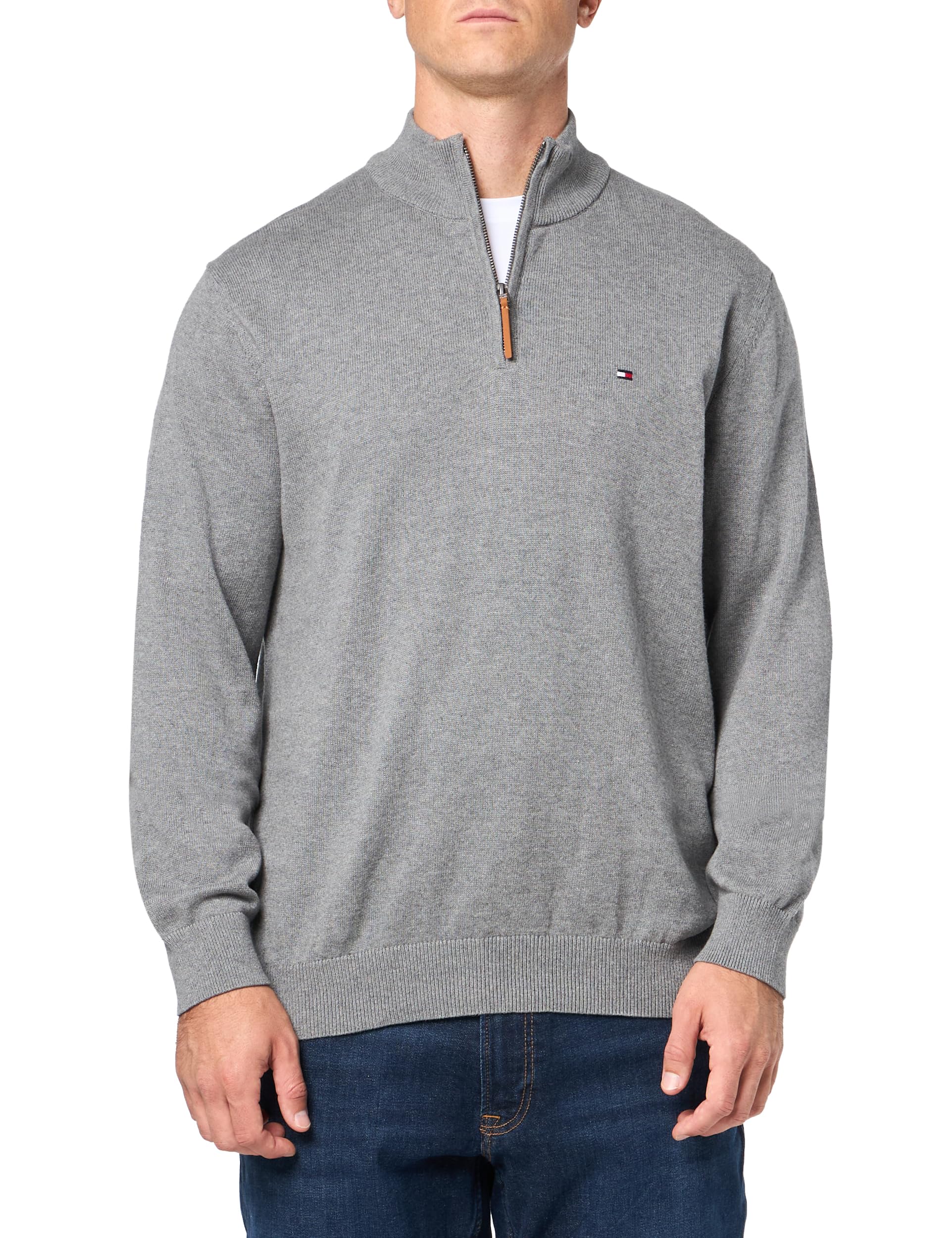 Tommy Hilfiger Mens Long Sleeve Cotton Quarter Zip Pullover Sweater, Charcoal Grey Heather, Small US Image