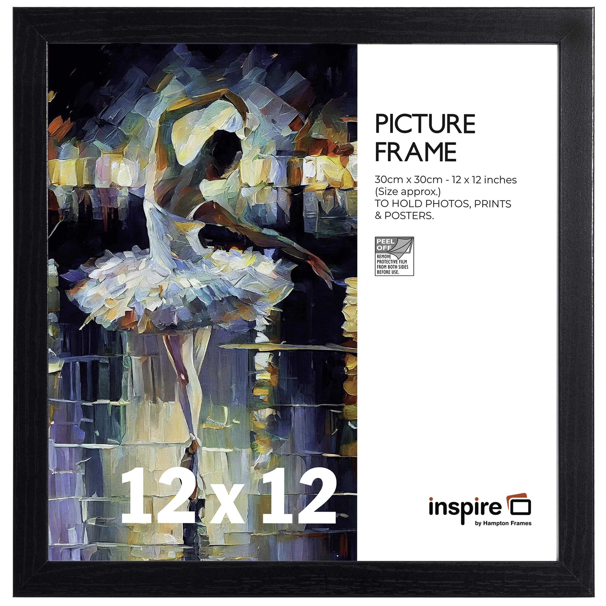 inspire by Hampton Frames | OXFORD Picture Frame | 12x12in (30x30cm), Black, Acrylic (Non-Glass) | Wall Mount, Lightweight, Shatterproof | Modern Photo Display for Home Décor