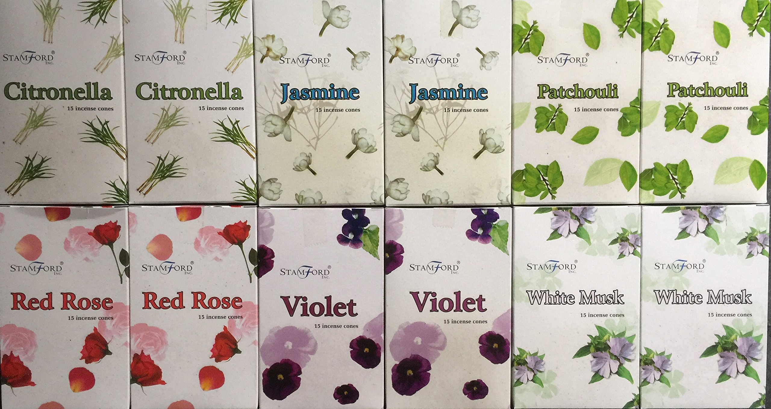 180 mixed Stamford incense cones 6 varieties. 2 X Citronella 2 x Jasmine 2 x Patchouli 2 x Red Rose 2 x Violet & 2 x White Musk