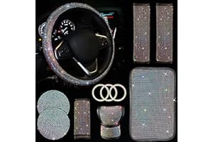 JINGSEN 11 Pcs Bling Car Accessories Set,Bling Car Accessories Set for Women, Bling Steering Wheel Cover for Women Universal Fit 15 Inch, Rhinestone Center Console Cover(Multicolor)