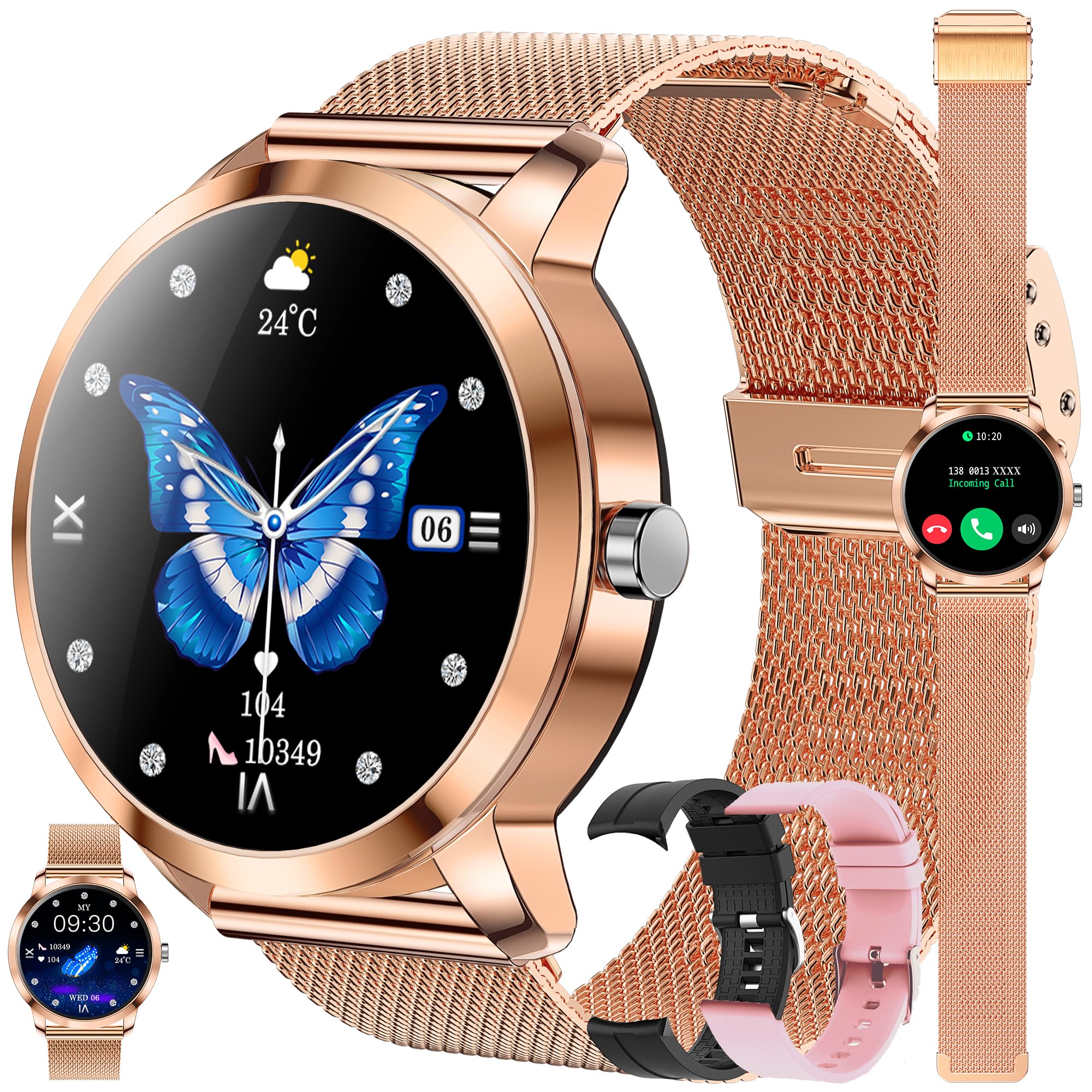ZPIMY Women's Smart Watch with Bluetooth Calling, 1.09 Inch Smartwatch with 123 Sports Modes IP68 Waterproof Sleep Heart Rate SpO2 Activity Tracker Smart Watch for iOS Android (Gold)