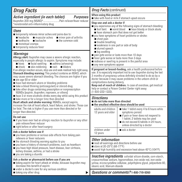 AMAZON BASIC CARE IBUPROFEN TABLETS, 200 MG, PAIN RELIEVER AND FEVER REDUCER, FOR HEADACHE, MUSCULAR ACHES, ARTHRITIS, BACKACHE AND MORE, 100 COUNT (PACK OF 1)