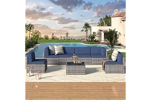 U-MAX 7 Piece Outdoor Patio Furniture Set, PE Rattan Outdoor Grey Wicker Furniture, Outdoor Sectional Furniture Chair Set with Cushions and Tea Table, Grey Rattan and Navy Cushion