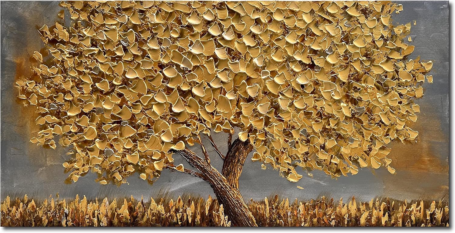 Paintings - Epicler art 24x48 Inch Modern Flower Tree Oil Painting 100% Hand-painted 3D Gold abstract tree painting, canvas mural, living room, bedroom, dining Room wall decoration