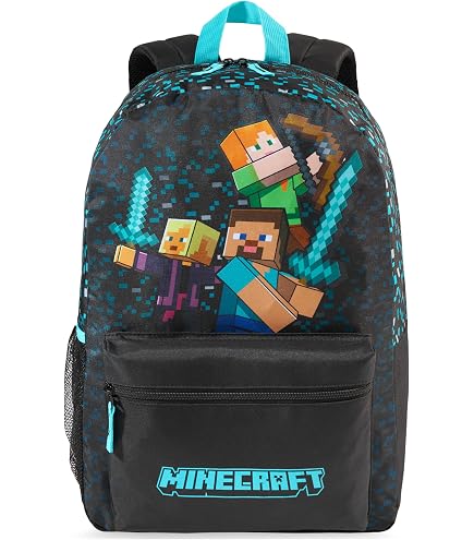 Minecraft Backpack for School Bundle w/ 16in Bookbag + More | Large Durable Minecraft School Bag w/ Front Zip Pocket Plus Water Bottle, Stickers, More - Minecraft School Supplies