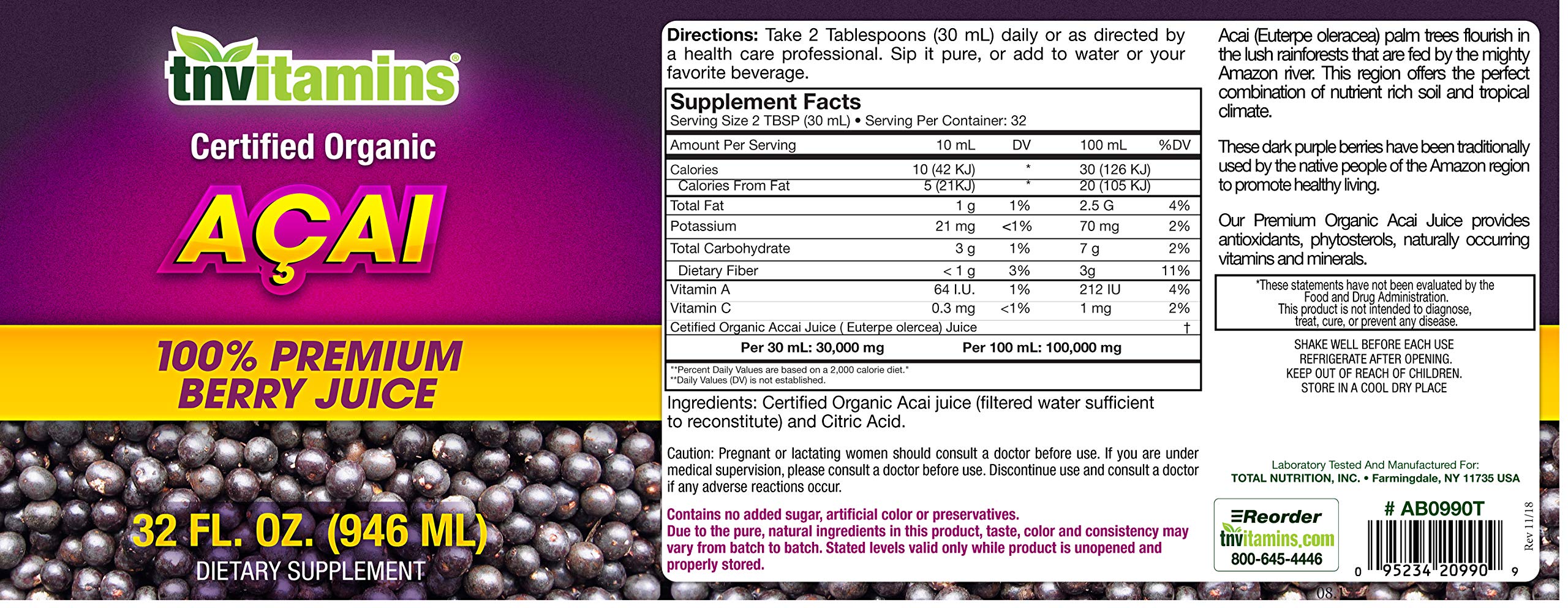 Acai Berry Juice 100 Certified Organic by TNVitamins 32 oz Buy
