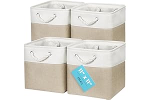 OrganiHaus 11x11 Cube Storage Bins 4 Pack, Foldable Cube Storage Organizer w/ Rope Handles, Collapsible Fabric Bins for Toys, Clothes & Closet Organization, Fabric Square Baskets - Beige/White