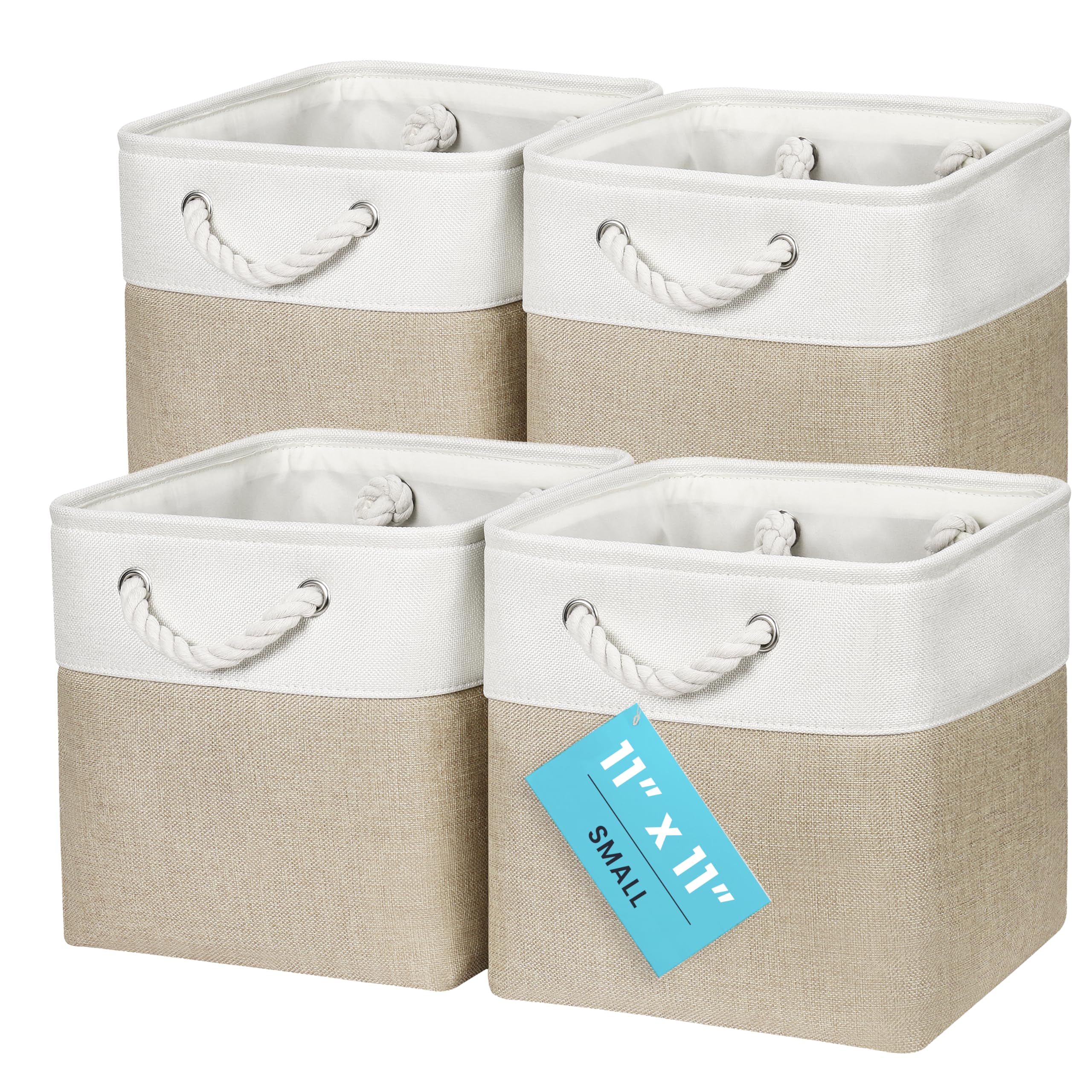OrganiHaus Fabric Storage Boxes, Set of 4 Foldable 28x28 Cube Organiser Bins with Rope Handles for Shelves, Nursery & Closet, Collapsible Storage Baskets for Toys, Clothes & More - Beige/Off-White
