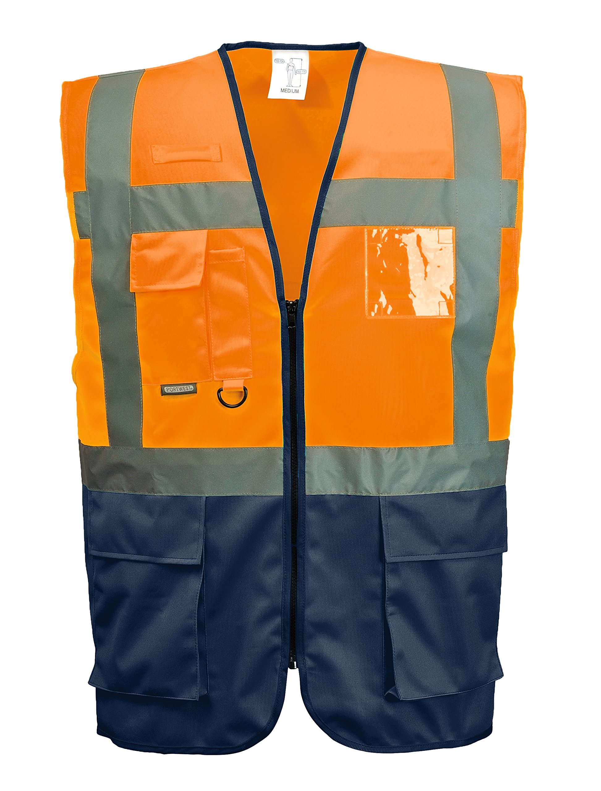 Portwest C476 Warsaw Hi-Vis Contrast Executive Sleeveless Safety Vest with Pockets - Reflective High Viz Outdoor Safety Workwear, Orange/Navy, 3XL