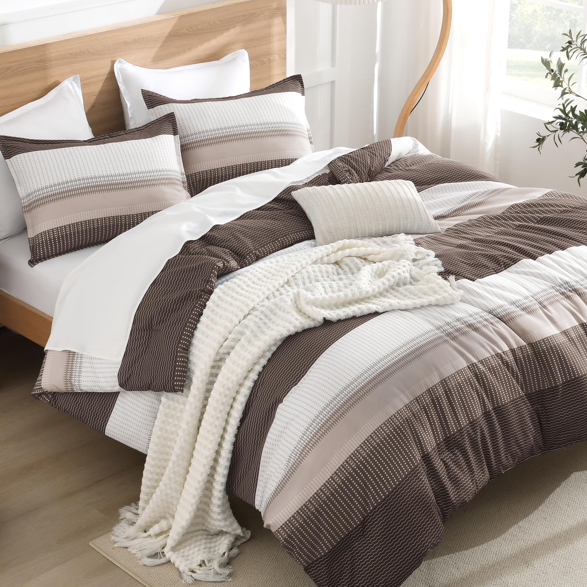 Photo 1 of Litanika Comforter Set Full Size Chocolate - 3 Pieces Lightweight Colorblock Stripe Fluffy Bedding Comforter Sets, All Season Bed Set