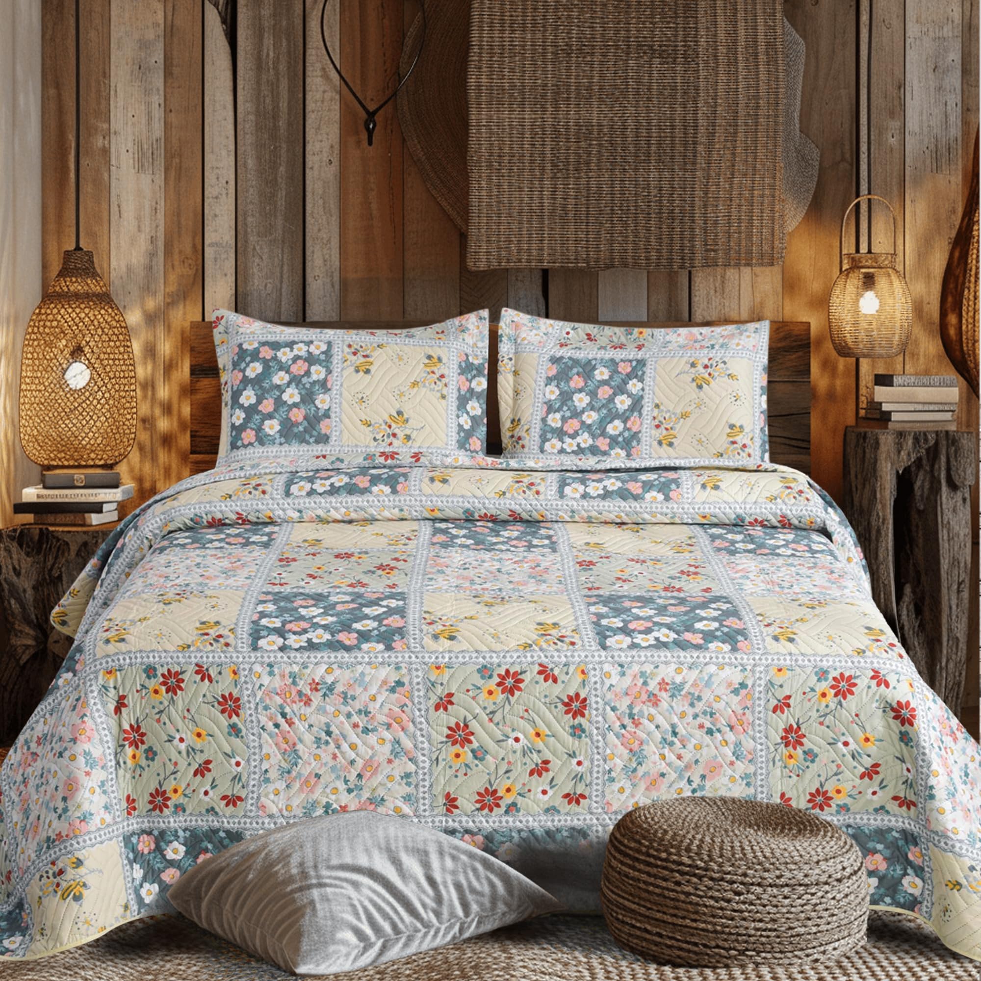 Hadi London 3Pcs Patchwork Quilted Bedspreads with 2 Shams | Reversible Floral Print | Lightweight Quilt Comfort | Fits Double and King Size Beds 220x240cm | 30 Unique Designs (MILAN-104)