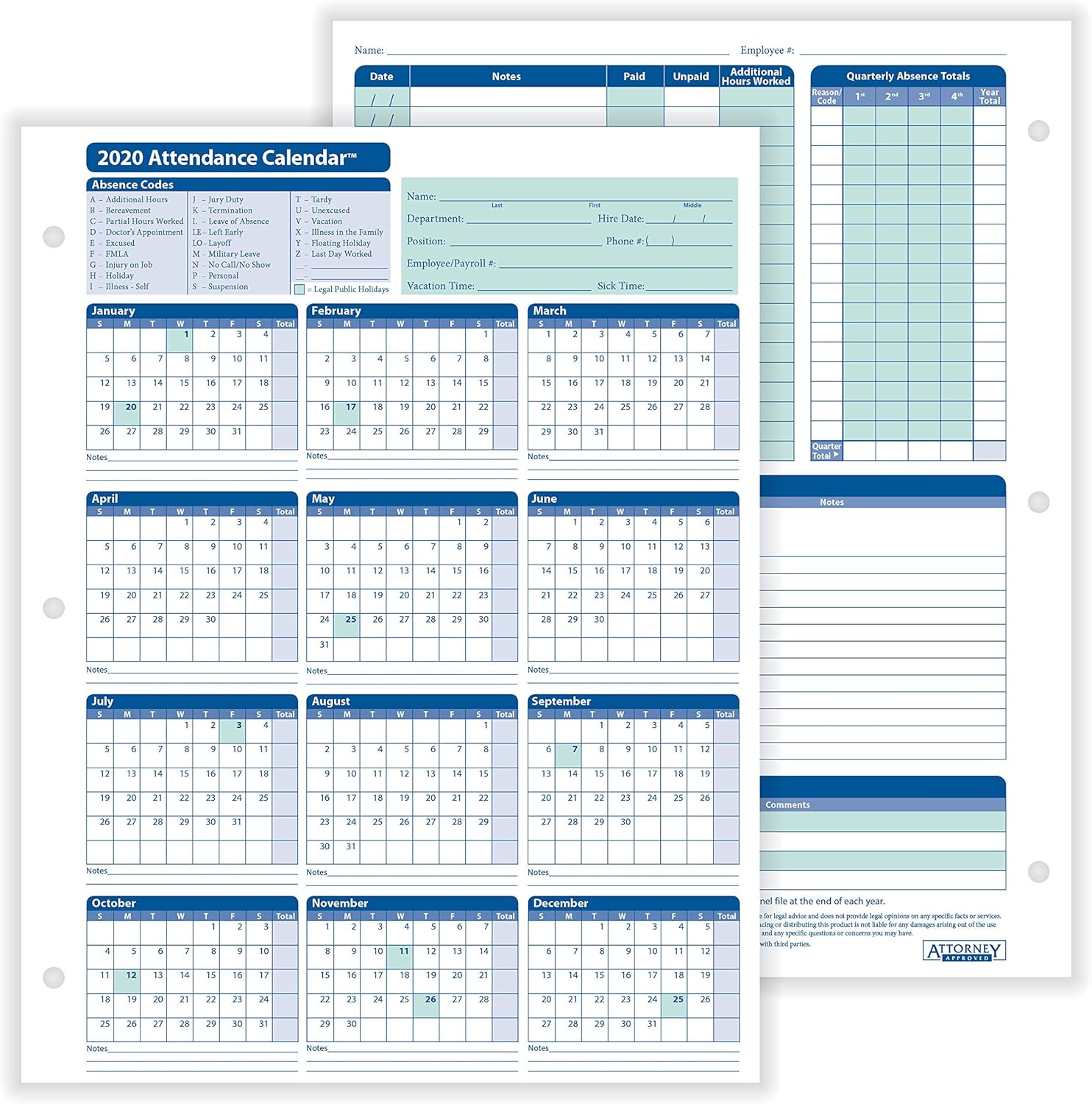 ComplyRight 2020 Attendance Calendar Card White Pack Of 50 Amazon co