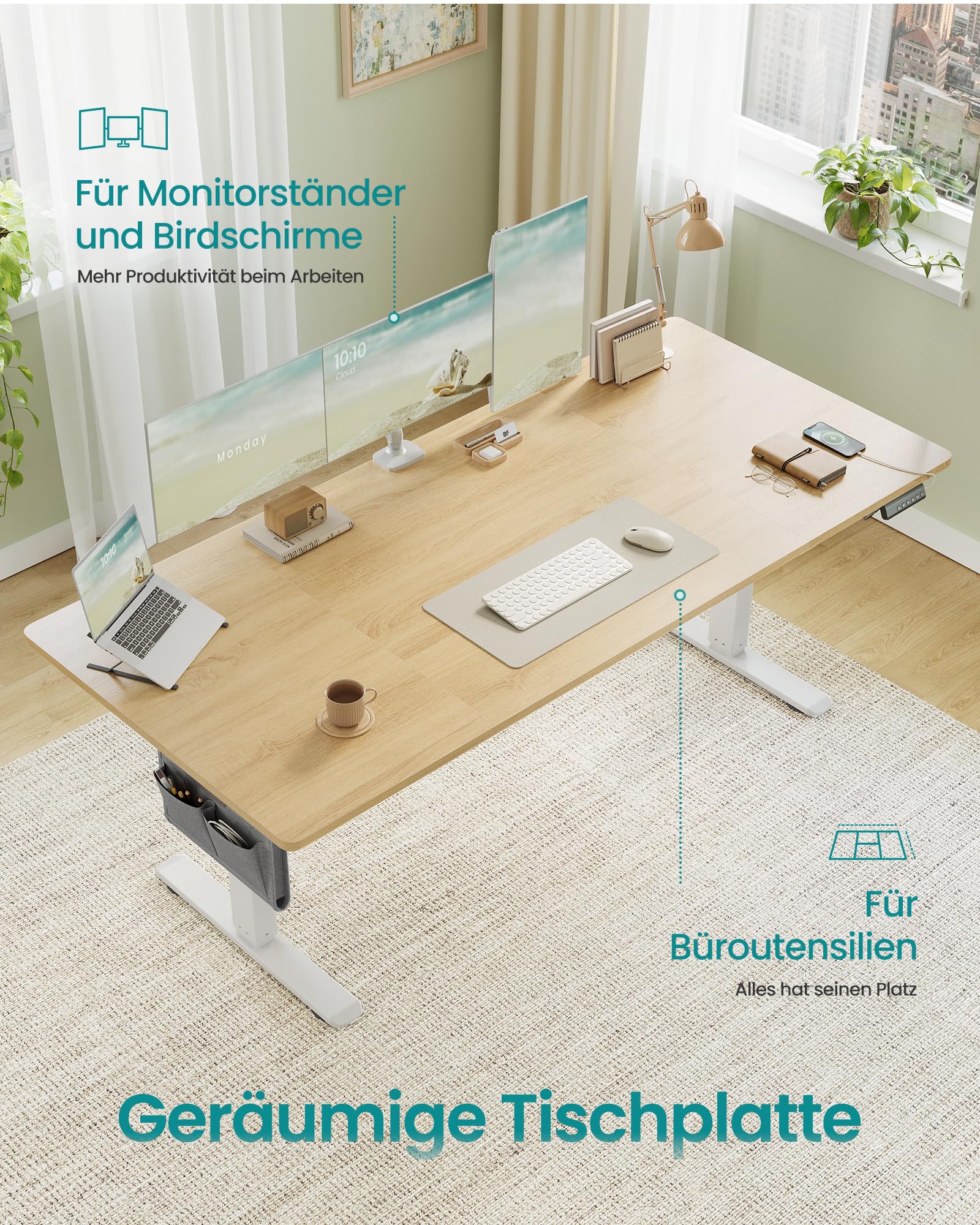 SONGMICS Höhenverstellbarer Schreibtisch elektrisch, 180 x 80 cm, Memory-Funktion mit 4 Höhen, USB-C-Anschluss, goldeichenfarben LSD138YA01 4