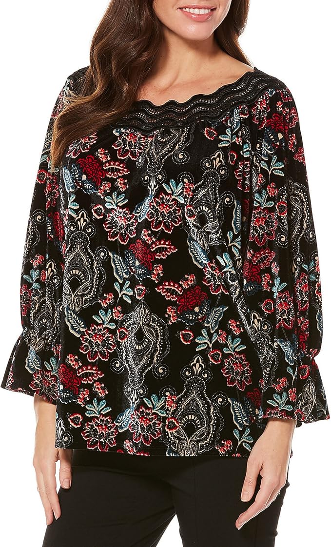Rafaella Women's Petite Bountiful Floral Velvet Top, Black, XL Amazon