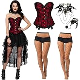Vicenpal 5 Pcs Halloween Vampire Costume for Women Girl Lace Corset | Red Black Corset Top, Fishnet Stockings, Lace Necklace Choker, Bracelet, Vampire Cosplay Outfit, Bustier Shapewear Lingerie
