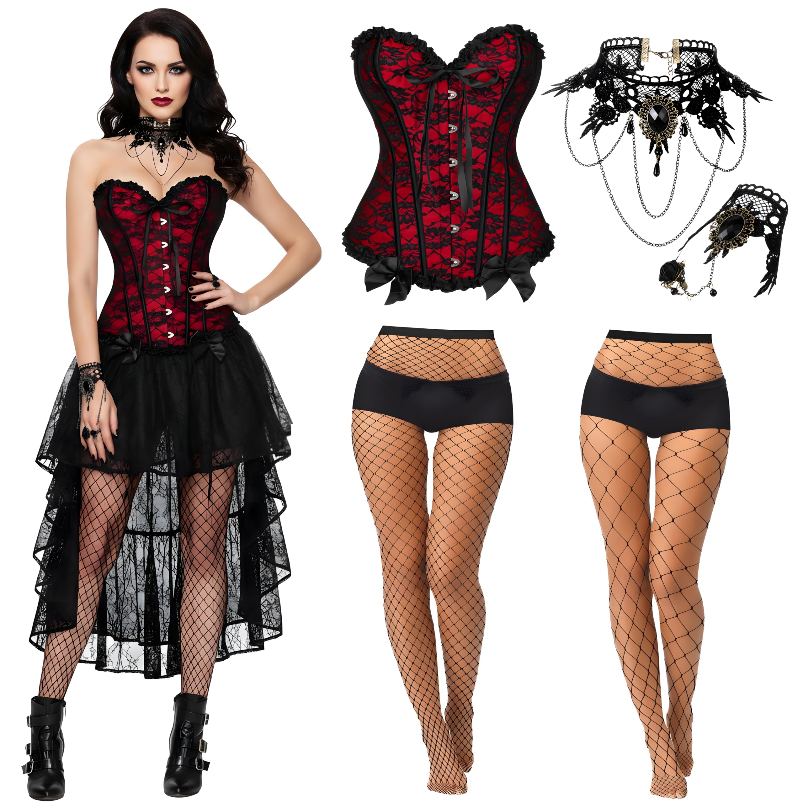 Photo 1 of * only comes with a corset *
Vicenpal 5 Pcs Halloween Vampire Costume Women Girl Fishnet Stockings Thigh High Floral Lace Trim Corset Gothic Choker Black Lace Necklace Bracelet(XL)