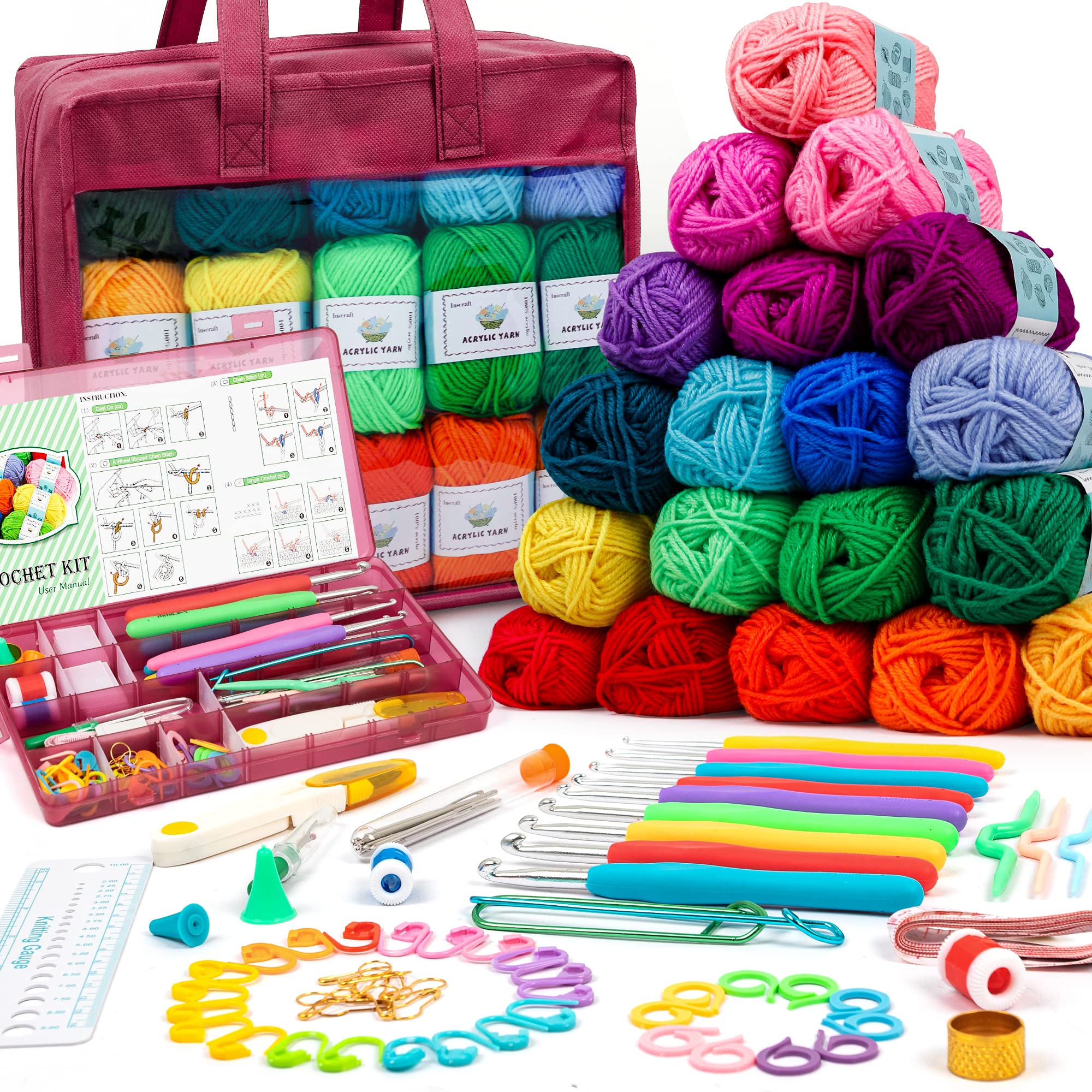 Inscraft Crochet Yarn Kit for Beginners Adults and Kids, Includes 1650 Yards 30 Colors Acrylic Skeins, User Manual, Hooks, Wine Bag etc, Make Amigurumi & Projects, Starter Set Professionals