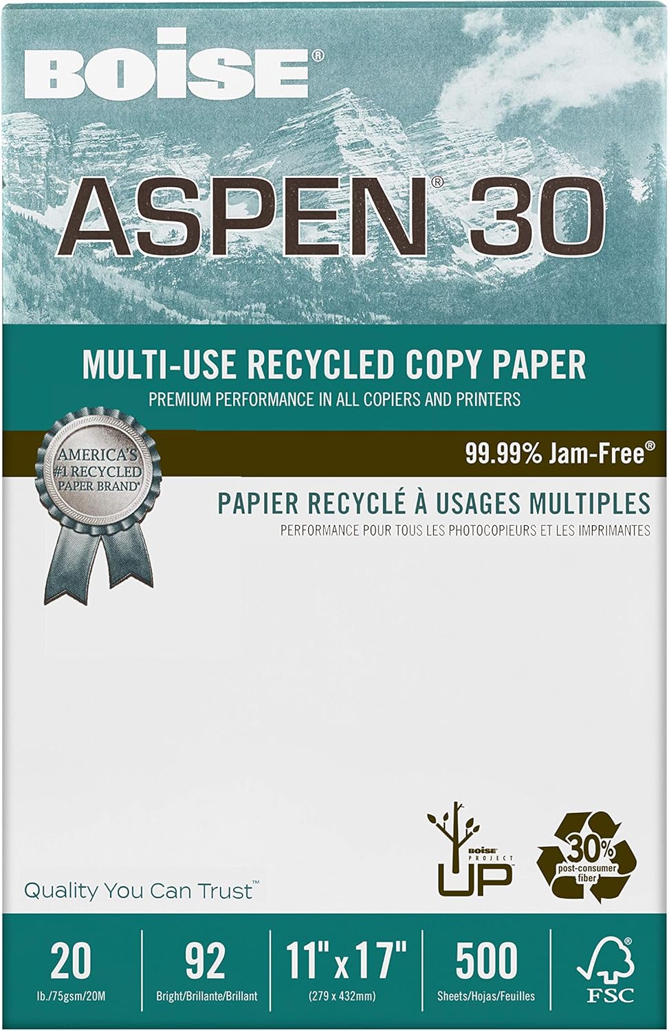 BOISE ASPEN 30% Recycled Multi-Use Copy Paper, 11" x 17", Ledger, 92 Bright, 20 lb, Ledger, 5 Ream Carton (2500 Sheets) : Multipurpose Paper : Office Products