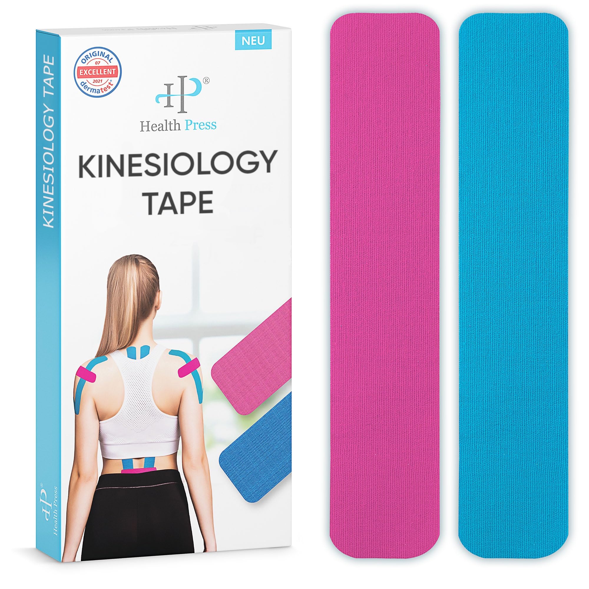 Health Press® Kinesiology Tape Strips – 30 Pieces Blue + Rose (25cm x 5cm) Pre-Cut Kinesiology Tape | Physio and Sports Tape | Waterproof and Elastic | Skin-Friendly Tape