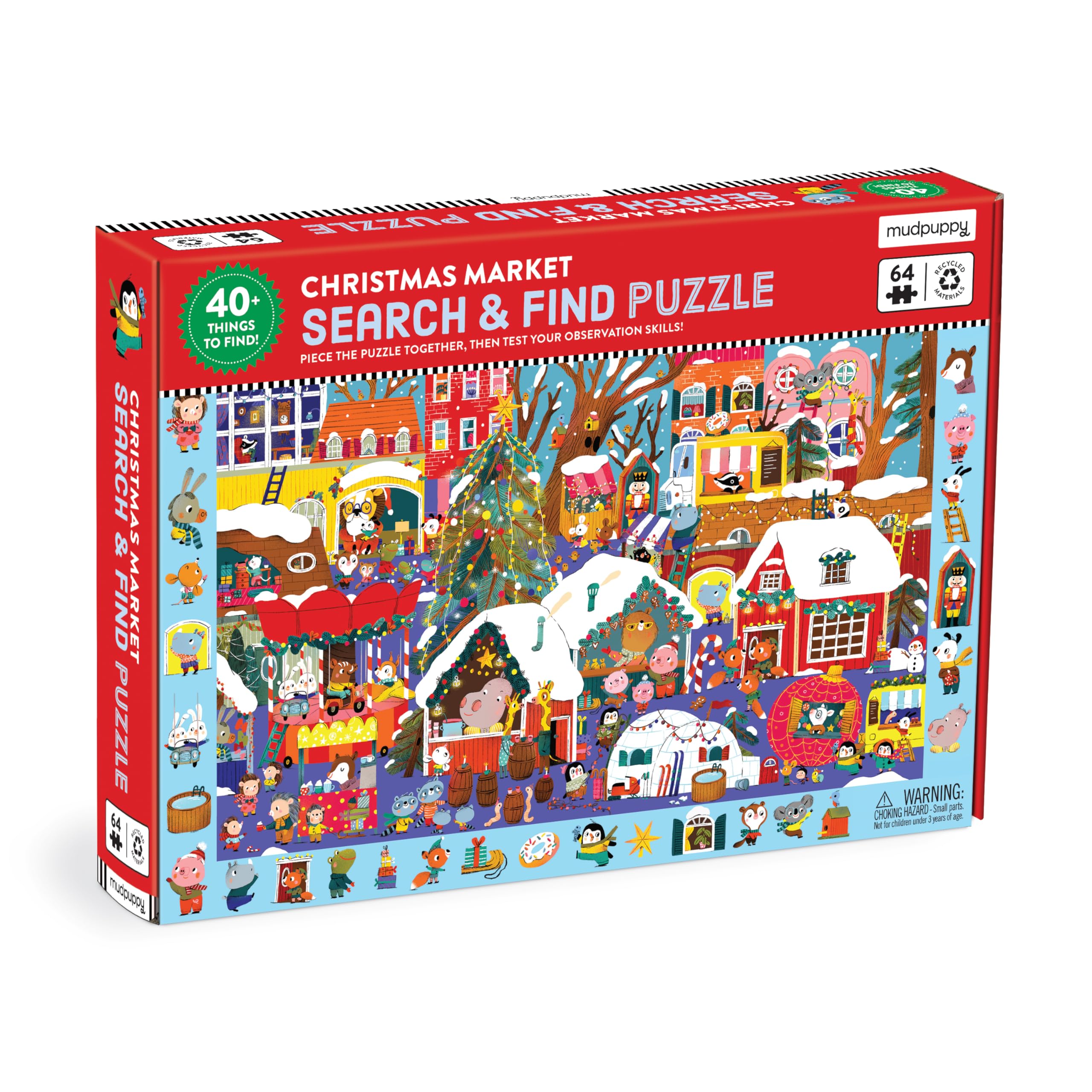Photo 1 of Mudpuppy Christmas Market – 64 Piece Search & Find Jigsaw Puzzle Featuring Festive Critters