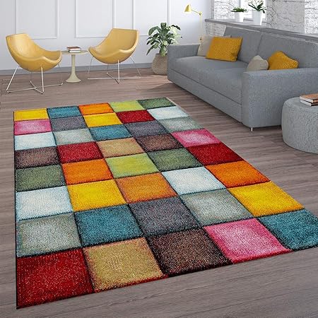Amazon De Paco Home Kurzflor Wohnzimmer Teppich Bunt Karo Design Vierecke Mehrfarbig Farbenfroh
