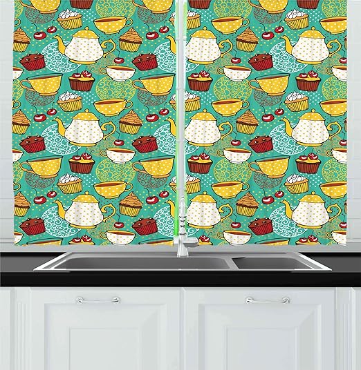 Amazon Com Ambesonne Kitchen Kitchen Curtains Funky Tea Cup Cake