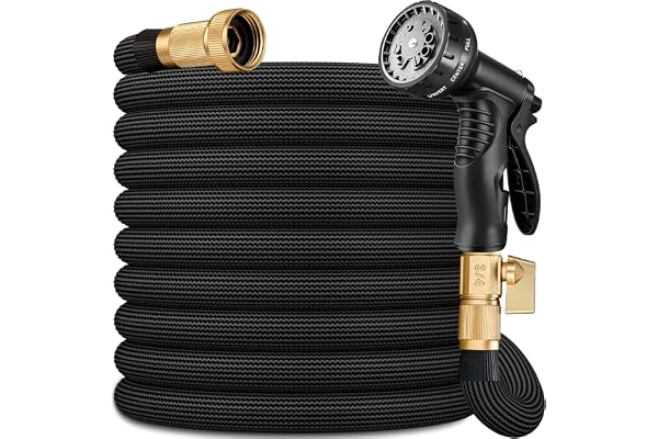 Flexible Garden Hose 100 FT, Ultra Lightweight Water Hoses 100FT w/10 Function Sprayer and 3/4" Brass Fittings, Kink-Free, Sturdy, Abrasion Resistant for Yard, Lawn, Outdoor and Gardening(Black)