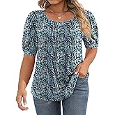Ficerd Women's Plus Size Puff Short Sleeve Tunic Tops Crew Neck Pleated Blouses Summer Casual T Shirt Blouse 1X-5X