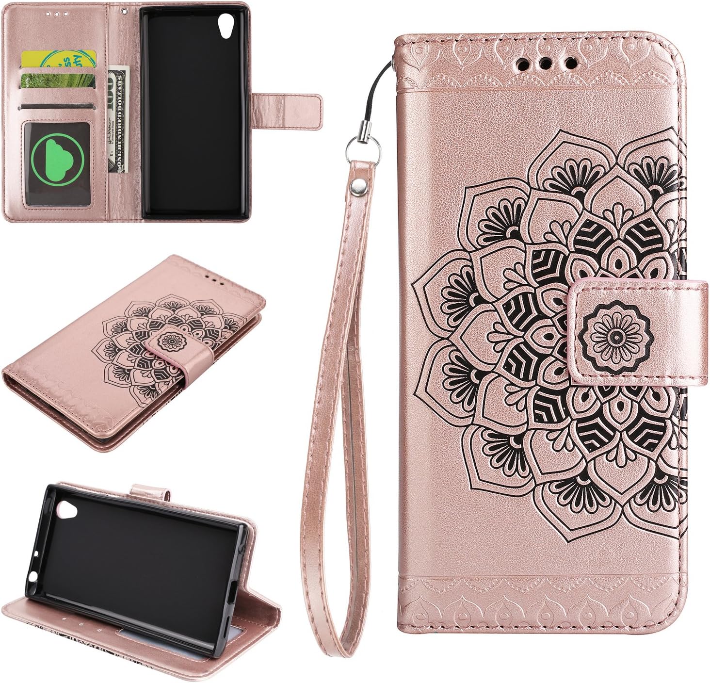 NEXCURIO [Embossed Flower] Huawei Mate 9 Wallet Case with Card Holder Folding Kickstand Leather Case Flip Cover for Huawei Mate 9 (Rose Gold)